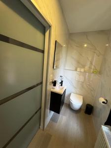 a bathroom with a white toilet and a sink at Chic Design and Modern Comfort - 1BR with Sofa Bed in Liège