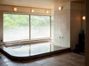 a large bathroom with a tub with a large window at Takarazuka Washington Hotel in Takarazuka
