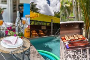 a collage of pictures of a table with food and a pool at Proprizen in Rivière-Salée