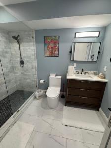 a bathroom with a shower and a toilet and a sink at Buck island Breeze in Christiansted
