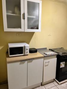 a microwave sitting on a counter in a kitchen at Cochrane hostal in Los Ángeles +19 photos