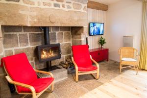 a living room with two chairs and a fireplace at Maison pierre de mercoeur in Le Malzieu-Ville