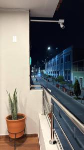 a potted plant sitting on the ledge of a balcony at Samakuy Home Arequipa in Arequipa