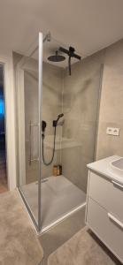 a shower with a glass door in a bathroom at Cozy Suite Kirchheim, Parkplatz, Nähe A8, Souterrain in Kirchheim unter Teck