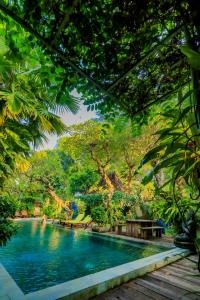 a swimming pool in a park with trees at Kalipura Villa - Private Pool & Nature Escape in Bantul