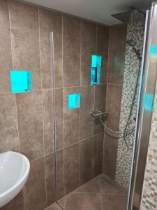 a bathroom with a shower and a sink at Vybavený byt in Krásno