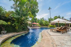 ein Pool mit Liegestühlen und Sonnenschirmen in einem Ferienresort in der Unterkunft Rambutan Hotel in Lovina