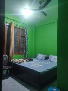 a green bedroom with a bed and a ceiling fan at Devansh Homestay &Cafe in Kulu