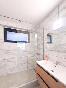 a bathroom with a sink and a glass shower at Studio charmant au centre-ville in Charleroi