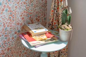 a table topped with books and a vase with a plant at Mese Szálló in Lăzarea