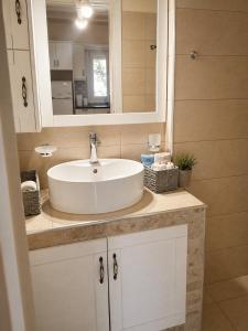 a bathroom with a white sink and a mirror at Logaki house in Vlachopoulátika +13 photos