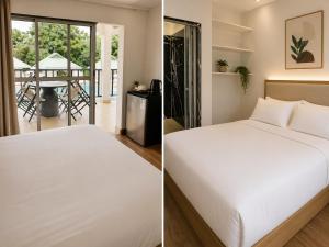 a bedroom with a white bed and a balcony at Hotel Albatros Wallis in Alele