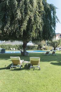 two chairs sitting in the grass under a tree at Hotel Goldenes Roessl-adults only in Bressanone +80 photos