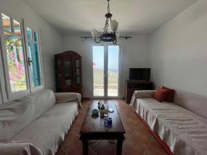 a living room with a couch and a coffee table at Vila Cleopatra Andros Greece in Andros