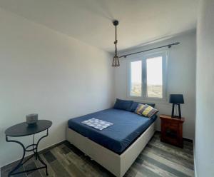 a small bedroom with a bed and a table at Vila Cleopatra Andros Greece in Andros
