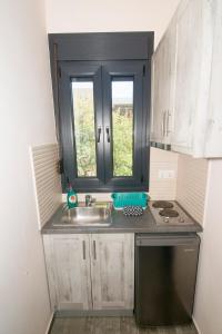 a small kitchen with a sink and a window at Villa Saravari in Áyios Aléxandros +16 photos