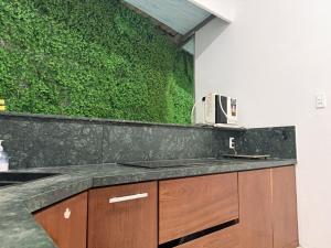 a kitchen with a green wall behind a counter at KEYDEO House in Phan Thiet