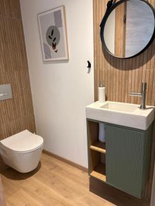 a bathroom with a toilet and a sink and a mirror at La Claverie in Cholet +3 photos