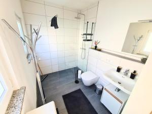 a bathroom with a toilet and a sink at Apartment am Rohrbach in Friedrichshafen +9 photos