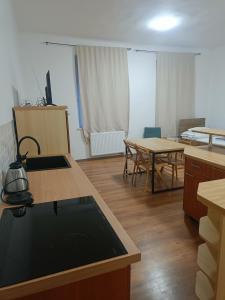 a room with two tables and a kitchen with tables at Apartmán Procyon in Prostějov