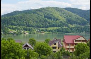 a view of a lake with houses and a mountain at Pensiunea Moldova in Piatra Neamţ