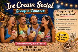 a flyer for ice cream social with people holding ice cream buckets at Stellar Capsules in Seminyak