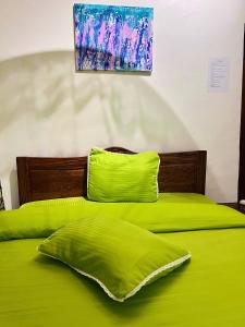 a green bed with a green pillow on it at Kalpho Art Center Guesthouse- near Embassy District in Kigali +22 photos