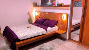 a bedroom with a bed with purple pillows at Suite ultra moderne Wi-Fi in Yaoundé