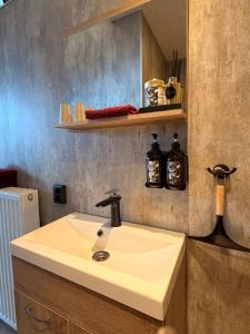 a bathroom with a white sink and a shelf at B&B Diepzicht in Dokkum