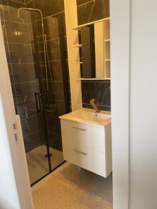 a bathroom with a sink and a shower at Piscine chauffée Clim WIFI 13 personnes Centre Valras-Plage in Valras-Plage +11 photos