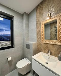 a bathroom with a toilet and a sink and a window at Domki Tomanova - Premium Chalets in Dzianisz