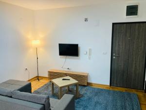 a living room with a couch and a tv on a wall at Apartman 4 you 4 in Belgrade +3 photos
