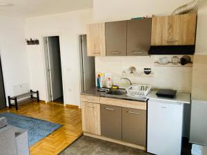 a kitchen with wooden cabinets and a white refrigerator at Apartman 4 you 4 in Belgrade