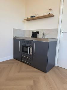 a kitchen with a sink and a microwave at B&B Bos en Dal in Blesdijke