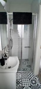 a bathroom with a shower and a white sink at Cozy Double Ensuite Room in Ennistymon