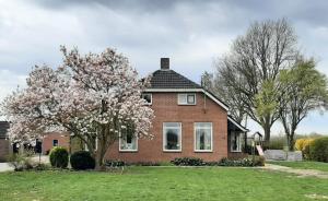 a brick house with a tree in the yard at Liroja's Vakantiehuis in Vlagtwedde