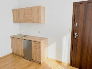 a kitchen with a sink and a wooden cabinet at Astral in Raszyn