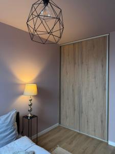 a bedroom with a large wooden cabinet and a lamp at Apartament Umami in Pniewy