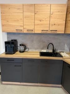 a kitchen counter with a sink and a microwave at Apartament Umami in Pniewy
