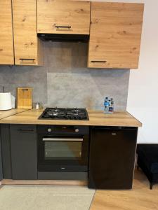 a kitchen with a black stove and wooden cabinets at Apartament Umami in Pniewy