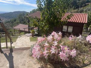 a house with a bunch of pink flowers in front of it at Quinta Altamira in Portalegre