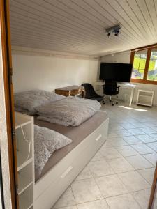 a bedroom with two beds and a desk with a computer at Tierparkunterkunft in Goldau