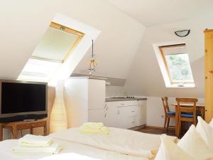 a room with a bed and a tv and a kitchen at Gaestehaus-W-13 in Prerow