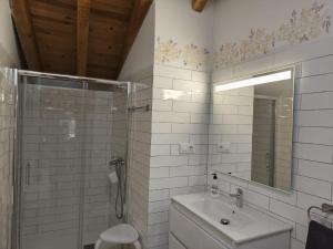 a bathroom with a shower and a sink and a mirror at Casa Sorianna in Montenegro de Cameros +19 photos