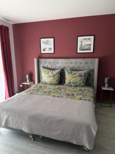 a bedroom with a large bed with a red wall at Apartament Helsinki in Pniewy