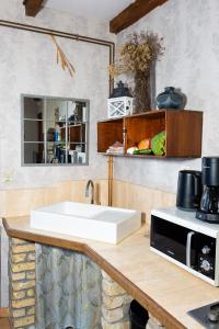 a kitchen counter with a sink and a microwave at Les Colombes in Saint-Tricat