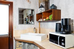 a kitchen counter with a sink and a microwave at Les Colombes in Saint-Tricat