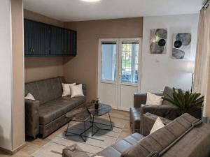 a living room with two couches and a table at Petrović Garden in Inđija
