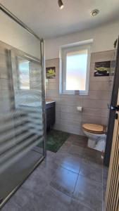 a bathroom with a shower and a toilet and a window at Maison canal - Douceur Occitane in Moissac +16 photos