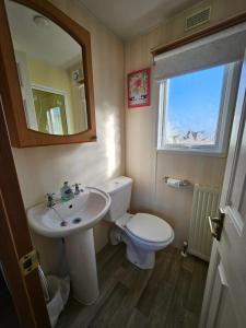 a bathroom with a sink and a toilet and a mirror at Ruth's Repose Shropshire Country Retreat with private hot tub & Stunning Views in Shrewsbury +20 photos